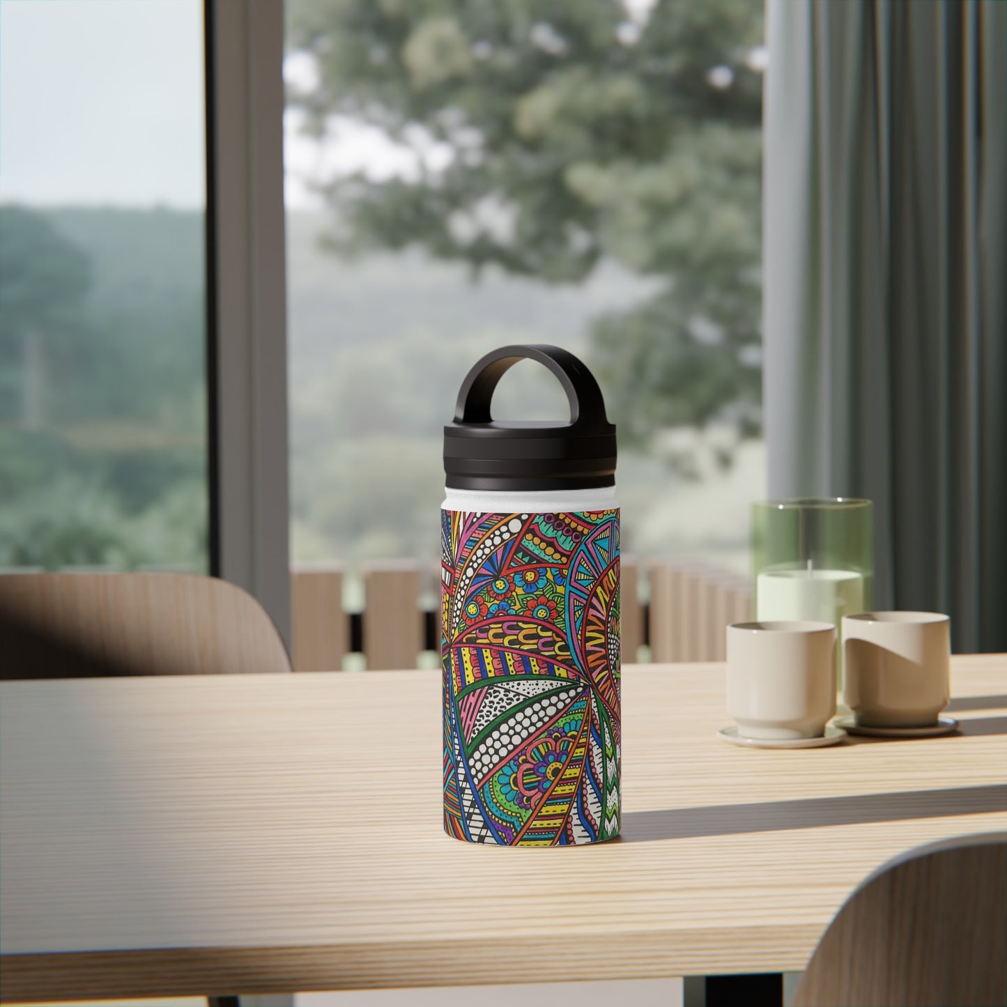 Stainless Steel Water Bottle, Handle Lid (Colour B&W)