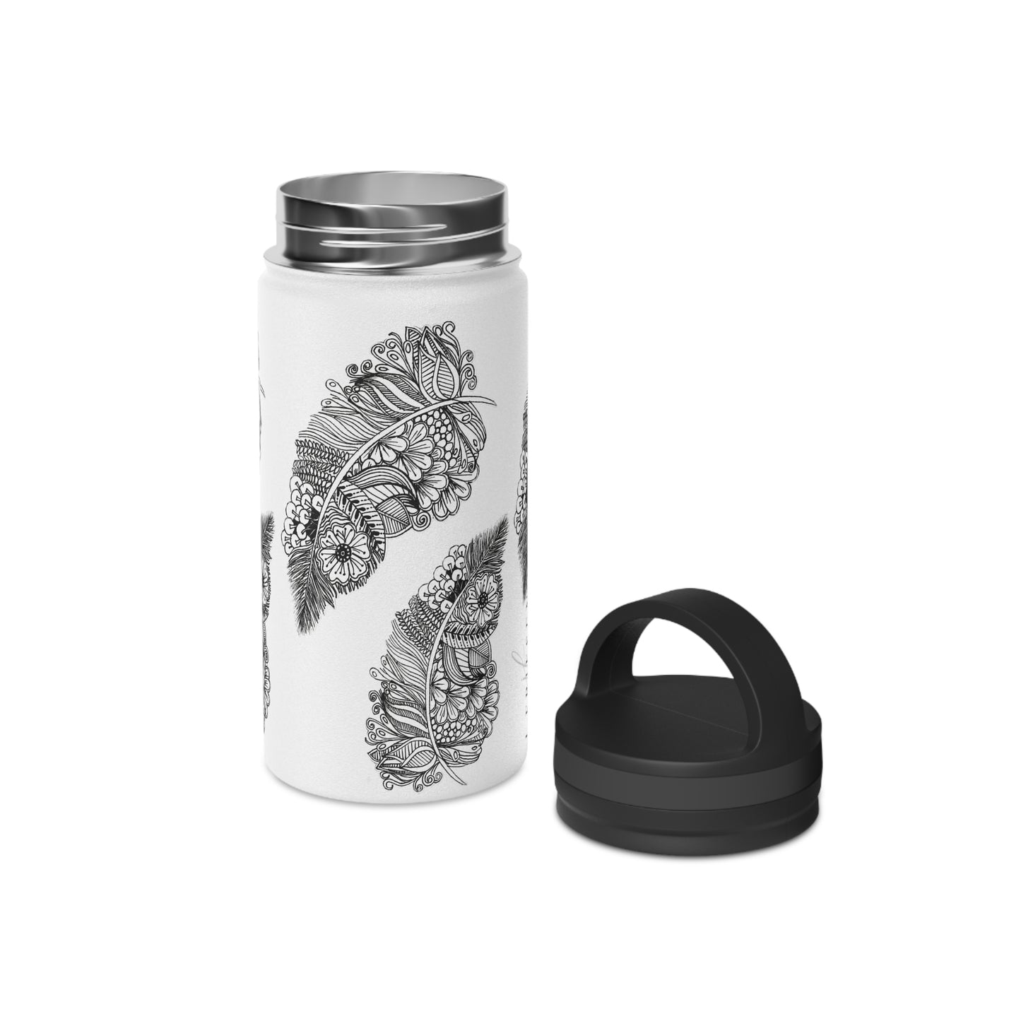 Stainless Steel Water Bottle, Handle Lid (Feathers)