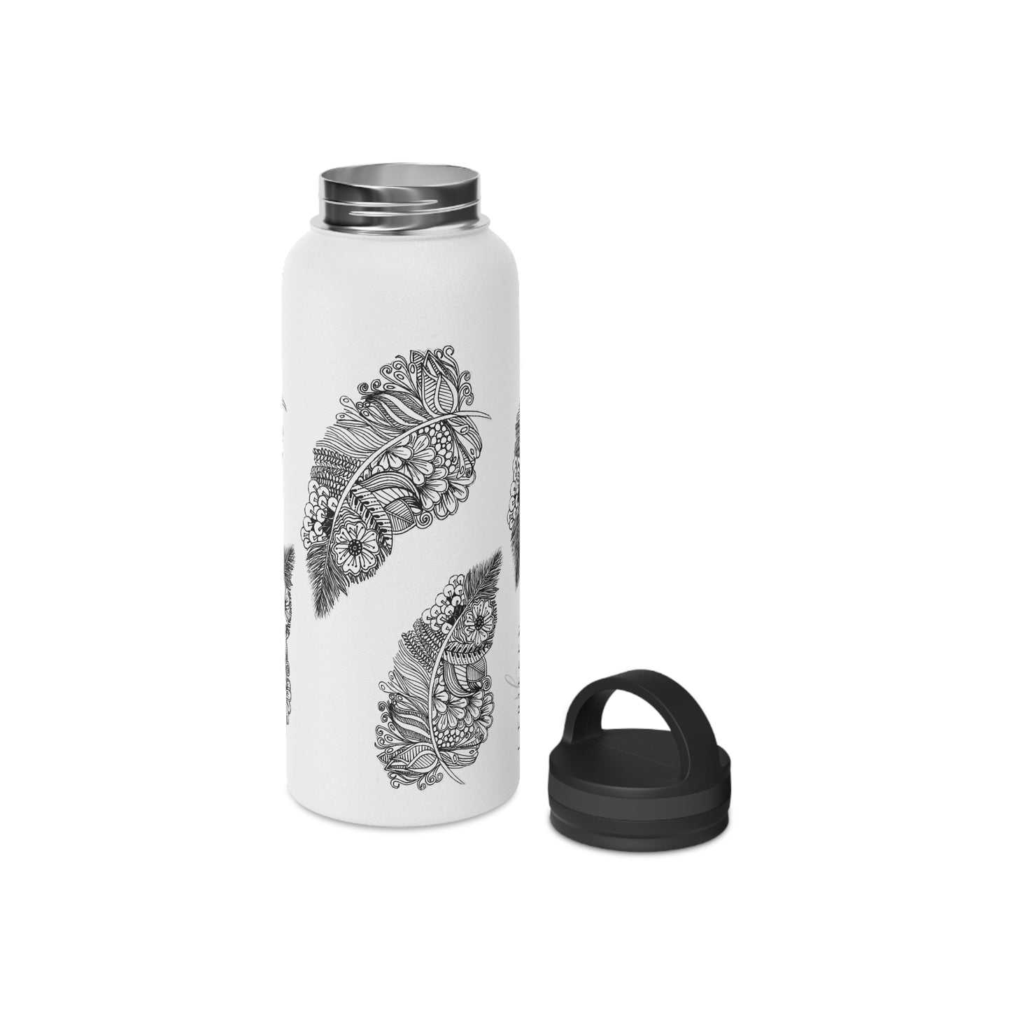 Stainless Steel Water Bottle, Handle Lid (Feathers)