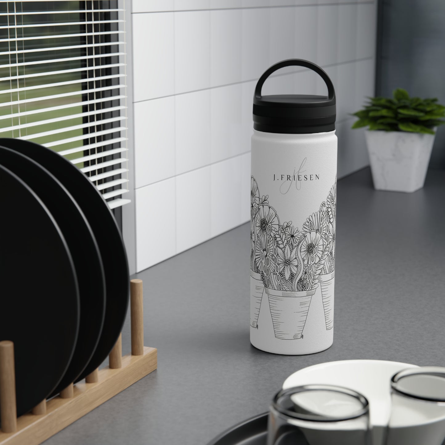 Stainless Steel Water Bottle, Handle Lid (Flower Pots)