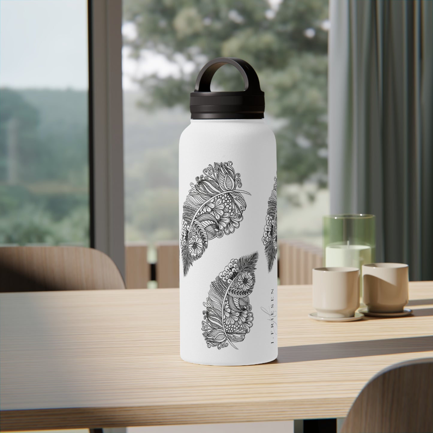 Stainless Steel Water Bottle, Handle Lid (Feathers)