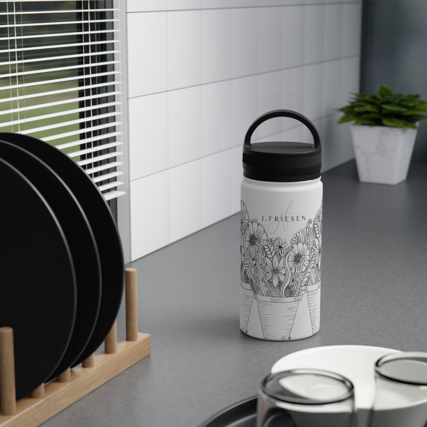 Stainless Steel Water Bottle, Handle Lid (Flower Pots)