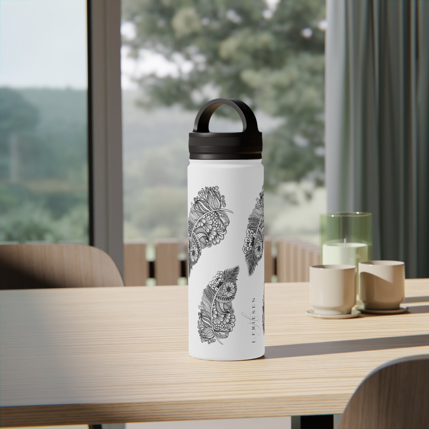 Stainless Steel Water Bottle, Handle Lid (Feathers)