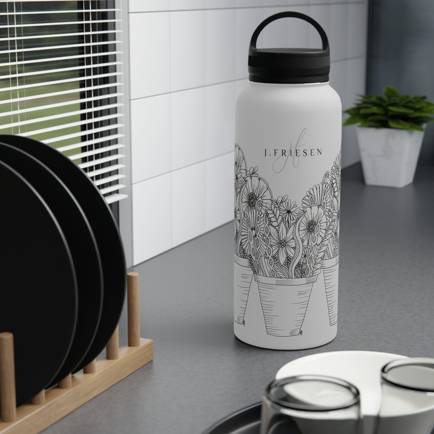 Stainless Steel Water Bottle, Handle Lid (Flower Pots)