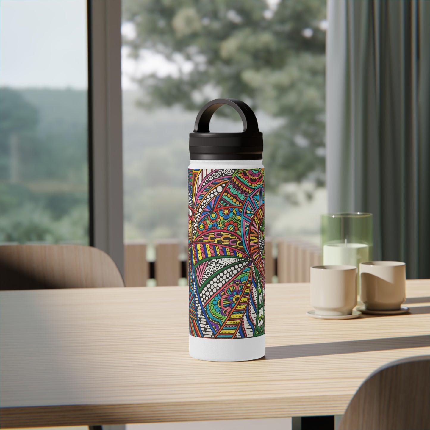 Stainless Steel Water Bottle, Handle Lid (Colour B&W)