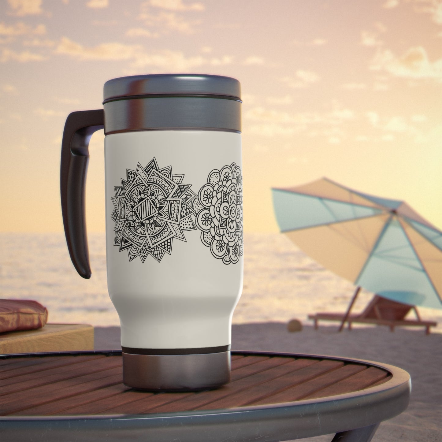 Stainless Steel Travel Mug with Handle, 14oz (Triple Flowers)