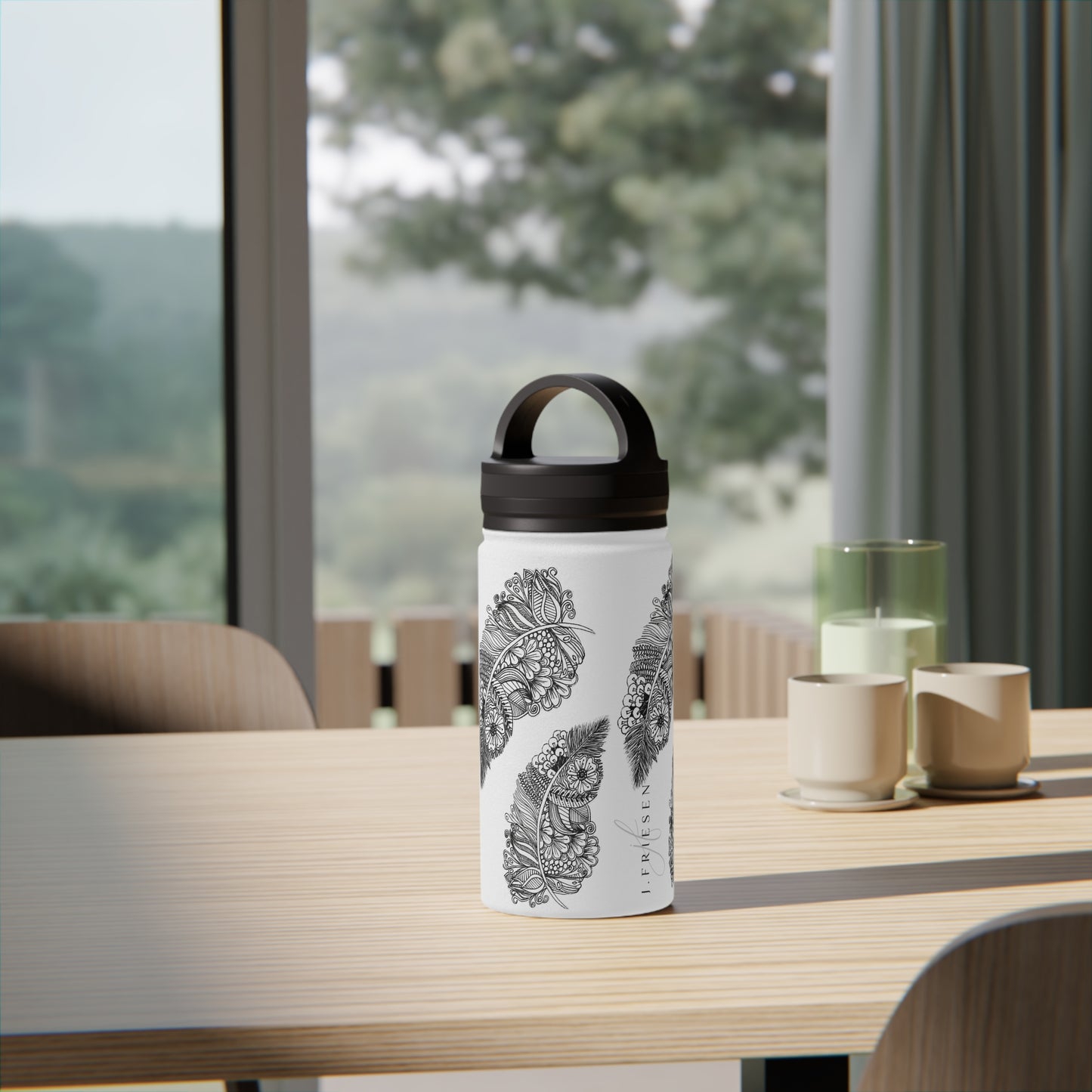 Stainless Steel Water Bottle, Handle Lid (Feathers)