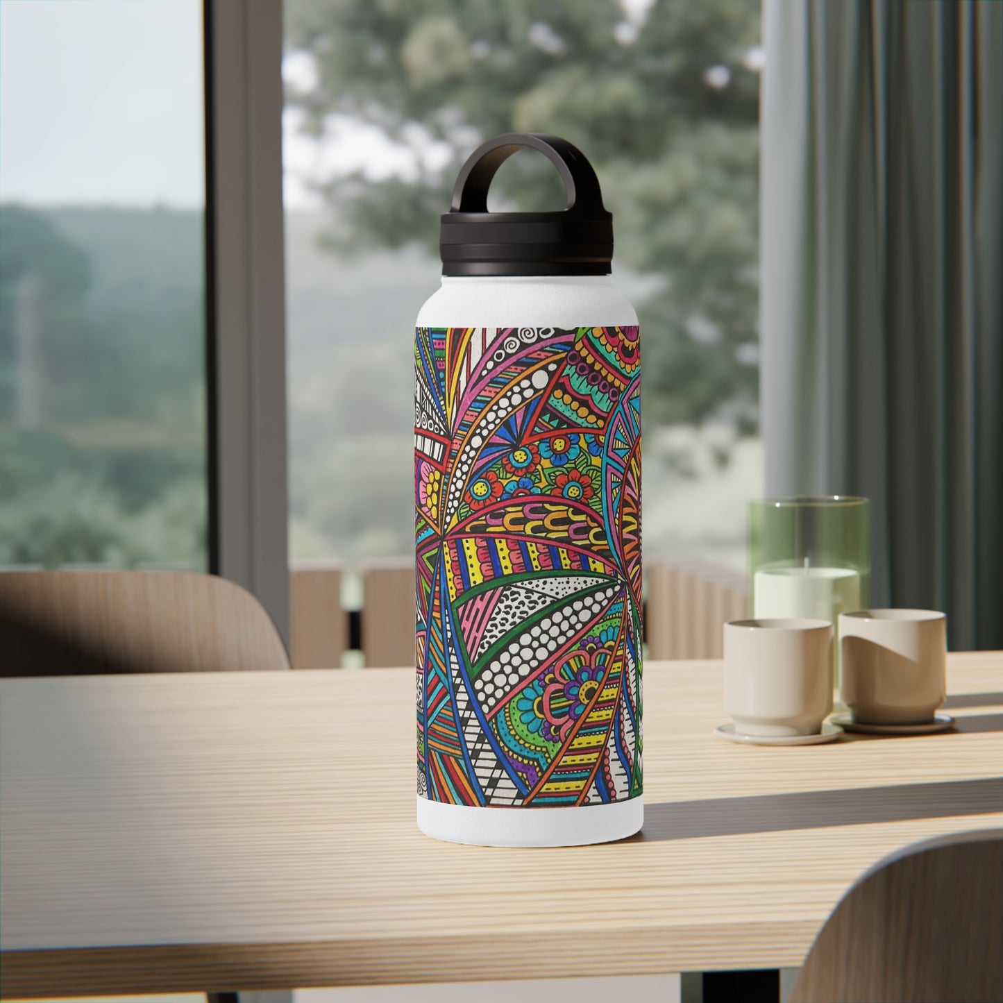 Stainless Steel Water Bottle, Handle Lid (Colour B&W)